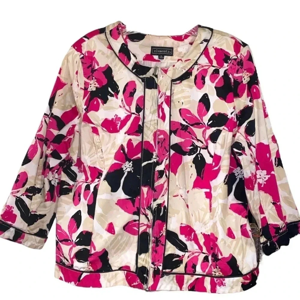 ELEMENTZ | Vibrant Floral Print Blazer 3/4 Sleeves Zipper Front Size XL